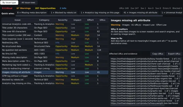 SiteAuditLint Issues view for northwindapparel.com: 0 critical, 67 warnings, 207 opportunities and 2 info, grouped by issue type with category, severity, impact, effort and URL count, plus why it matters, how to fix and 41 affected URLs for images missing alt text