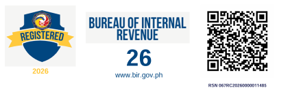 Bureau of Internal Revenue Registered 2026 seal with verification QR code, RSN 067RC20260000011485